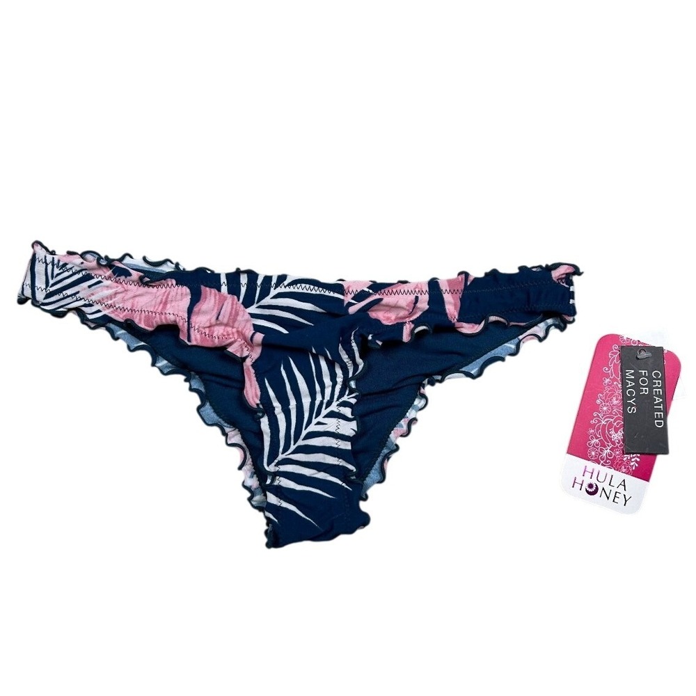 Hula Honey Tropical Palm Leaf Ruffle Bikini Bottom XS Navy Pink Ruched Beachwear